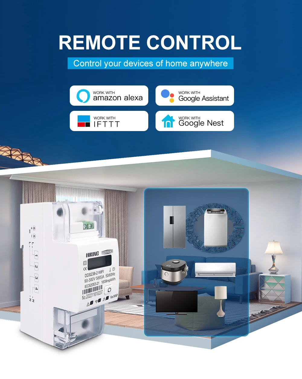 Single Phase 65A Din Rail WIFI Smart Energy Meter timer Power Consumption Monito