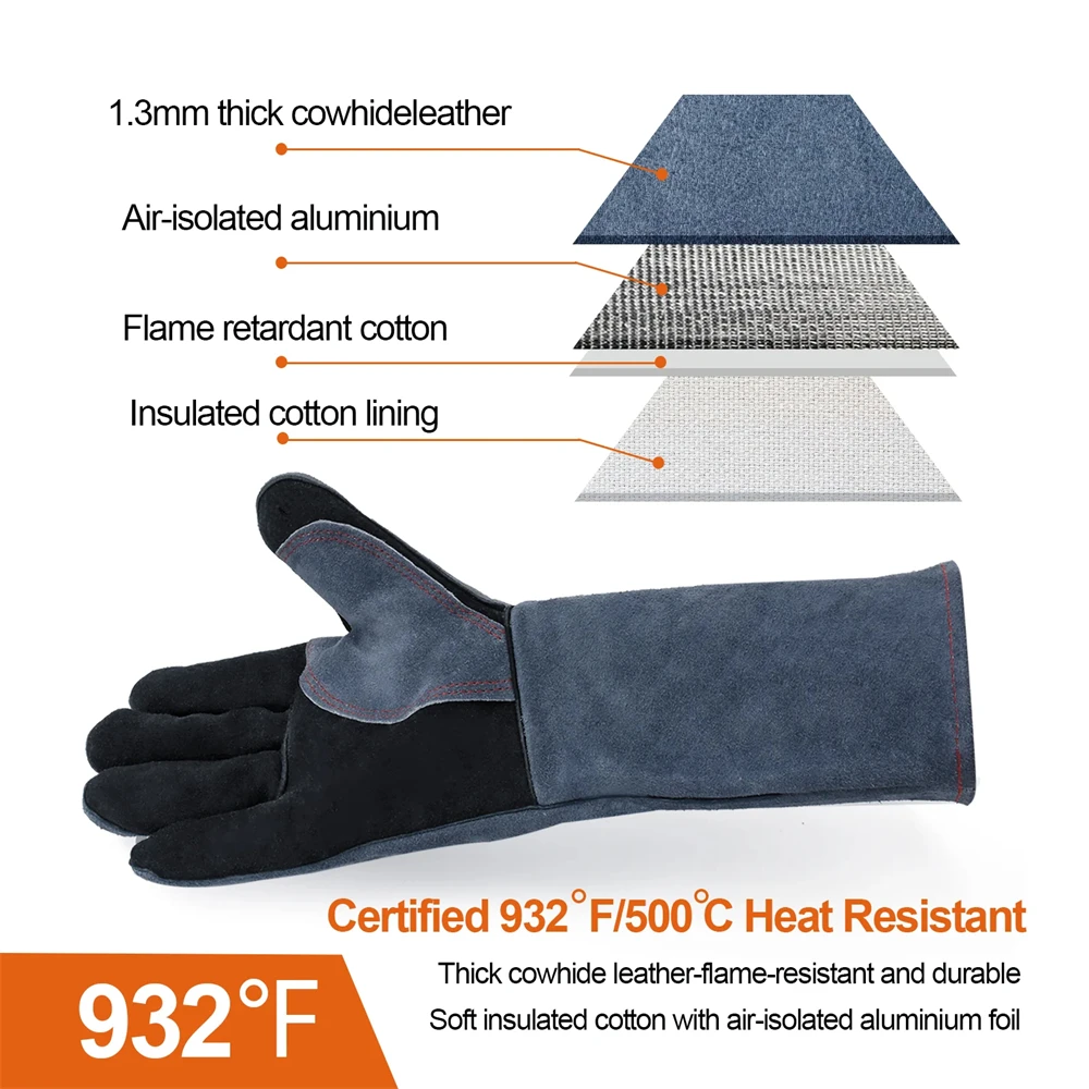 HITBOX 16inch Welding Gloves 1.3mm Thick Cowhide Leather Heat Resistant BBQ Welder Work Gloves For Kitchen Grill Heat Insulation 4