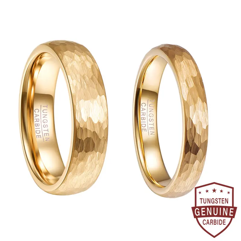 

6mm 4mm Gold Color Hammered Tungsten Carbide Ring Domed Comfort Fit Engagement Ring Size 5-12