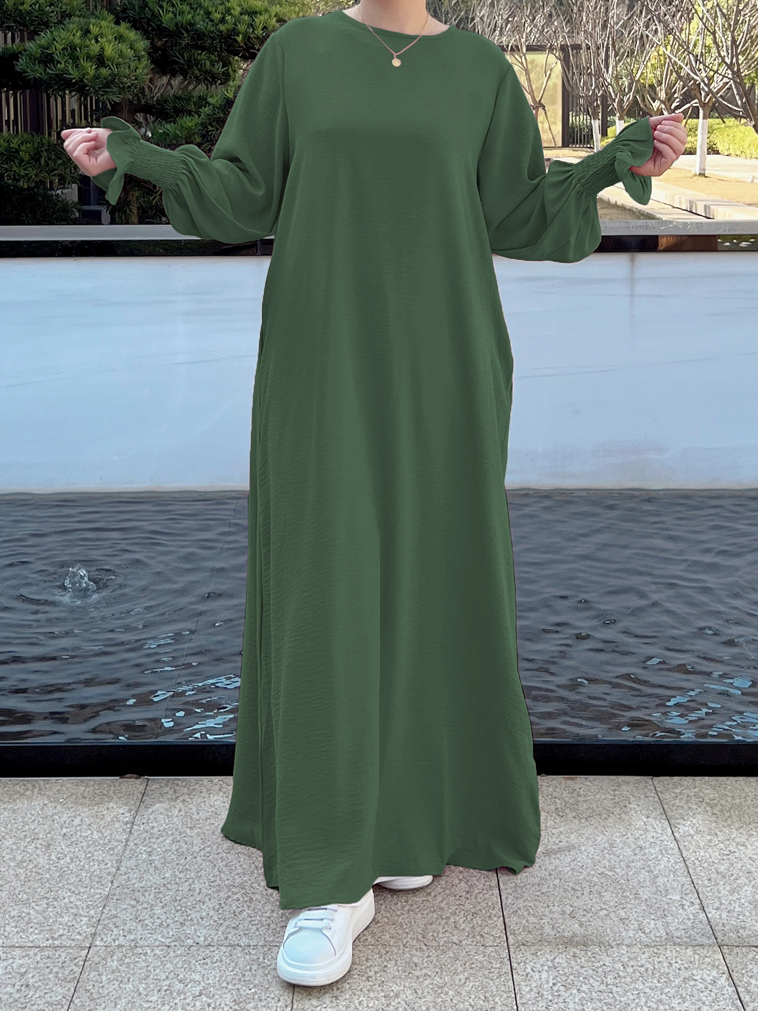 Ramadan Solid Crew Neck Shirred Cuff Abaya, Elegant Long Sleeve Simple Maxi Dress, Women's Clothing Kebaya Kaftan