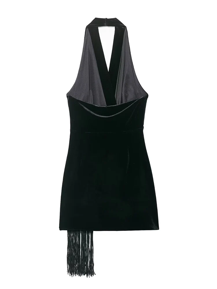 2026 New Velvet Short Dresses For Women Sleeveless Slim Tassel Decoration Halter Mini Dress Fashion Casual Elegant Party Dresses