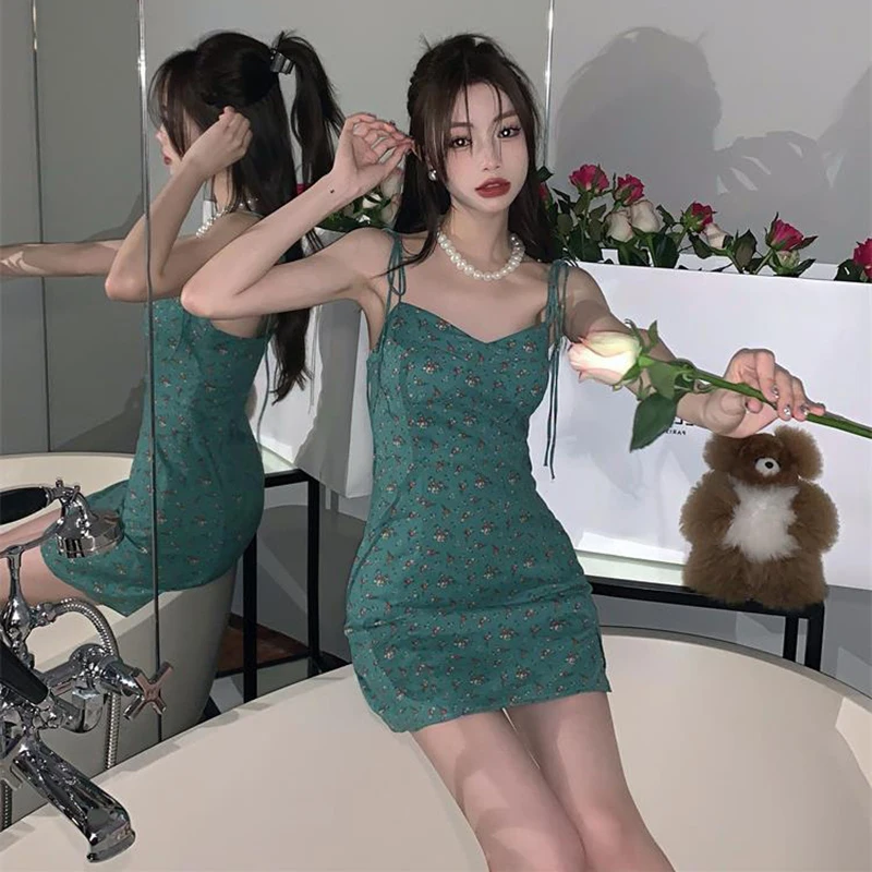 

Y2K Летние Платья с цветочным принтом, женское ТРАПЕЦИЕВИДНОЕ мини-платье на шнуровке с высокой талией, пикантное платье в Корейском стиле для девушек