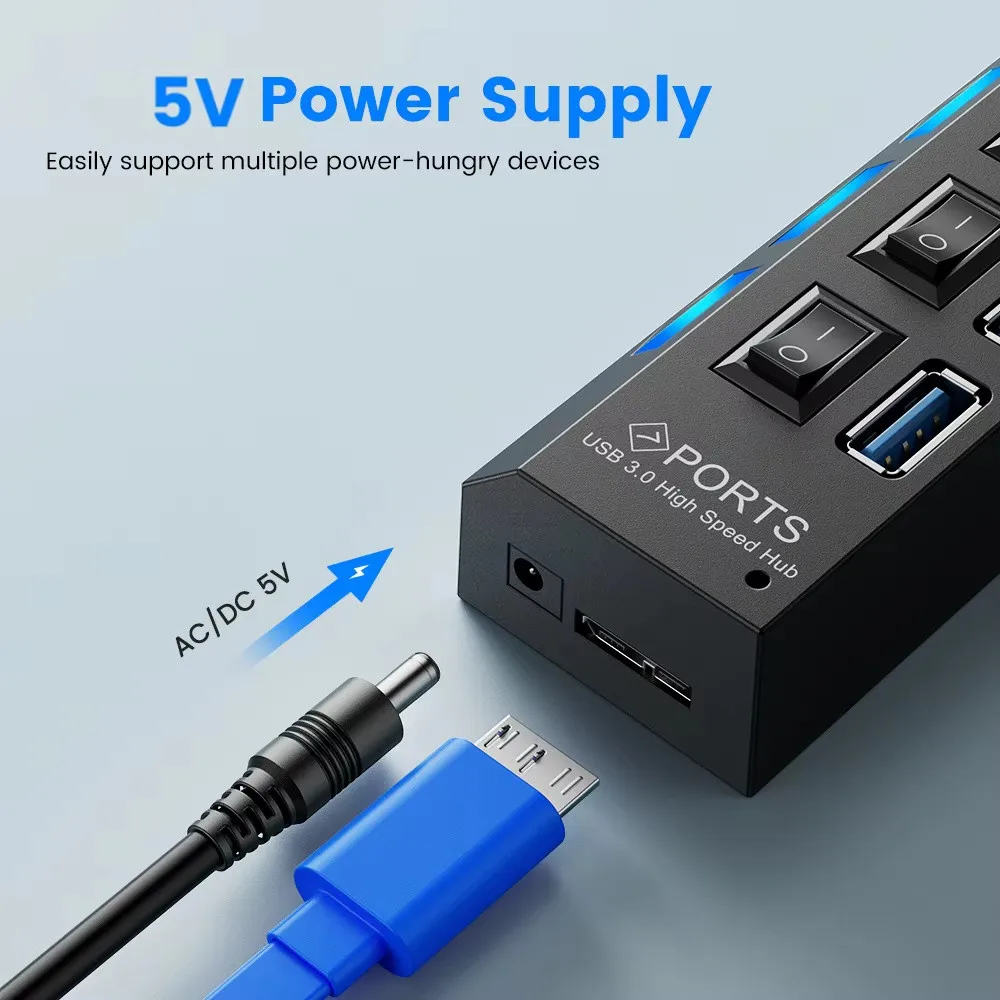 High-Speed USB 3.0 Hub with Multiple Ports and Power Adapter - Ideal