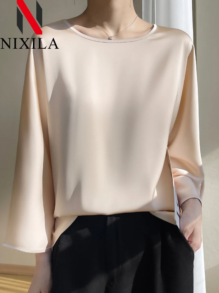 

New in Spring Summer T-shirt Elegant Blouses for Women Loose Oversized Clothing Satin Finish Office Pullover Lady Trend Tops
