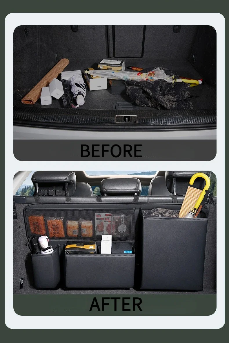 Auto Stamm Hängende Lagerung Tasche Leder Auto Hinten Sitz Werkzeuge Feuer Große Kapazität Multi-tasche Auto Lagerung Cargo Rack veranstalter – Detail 3