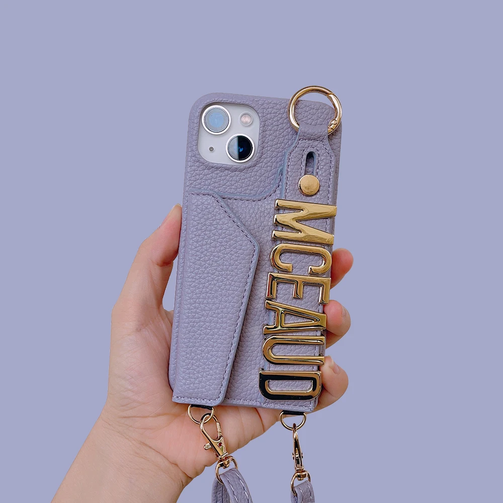 Shoulder Rope With Card Customized Metal Name Letter Personalized Initial Leather Phone Case For Iphone 14 13 12 11 Pro Max