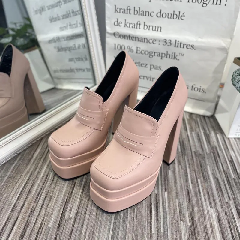 High Heel Platform Pumps For Women 2022 New Spring Solid Color PU Leather Square Toe Oversize Female Shoes With Rivet Decoration 