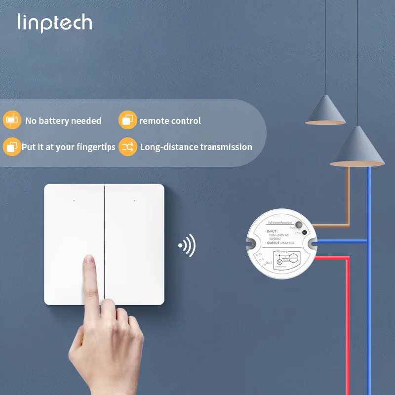 Linptech-interruptor sem Fio Auto-alimentado Impermeável sem Fiação sem Bateria sem Wi-fi Necessário Controle Remoto do Receptor Ip67