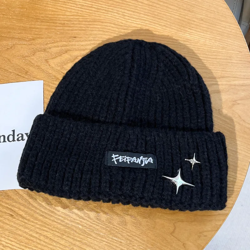 Solid Color Autumn Winter Hat Women Woolen Knitted Warm Beanie Cap Metal Star Ladies Girl Crochet Ear Protection Hat