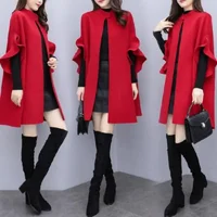 Plus Size New Women's Autumn Winter Large Size Mid-Length Woolen Coat Red British A- Line Cloak Coat Elegant Fashionable Oute...