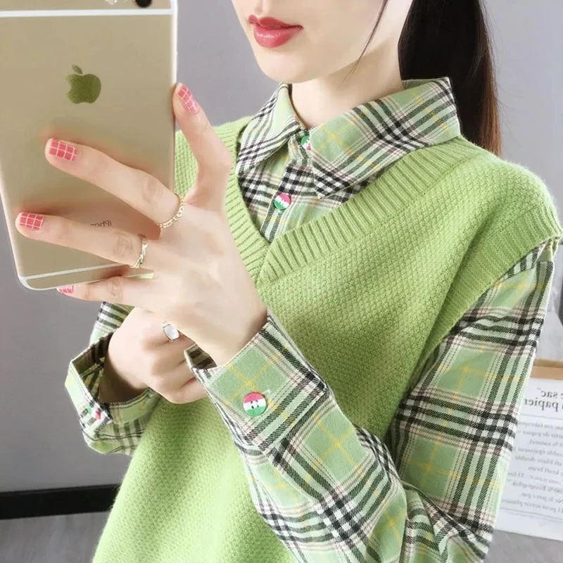 

Spring Autumn Long Sleeved Shirt Collar Fake Two Piece Sweater Coat Versatile New Plaid Sweater Knitted Pullover Fashion Tops