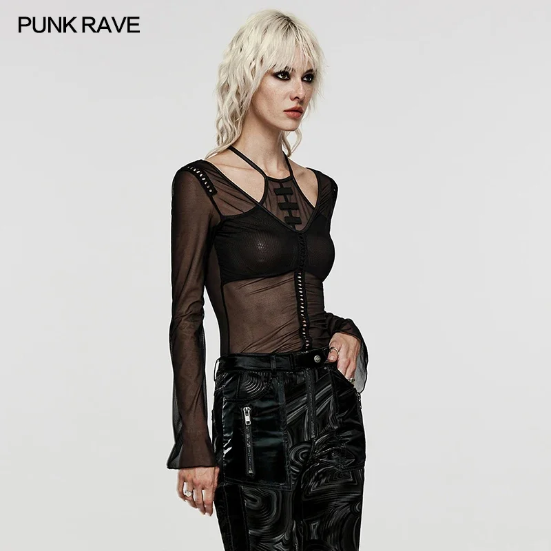 PUNK RAVE Women's Gothic Mesh Fake Two Pieces Basic Sexy Backless