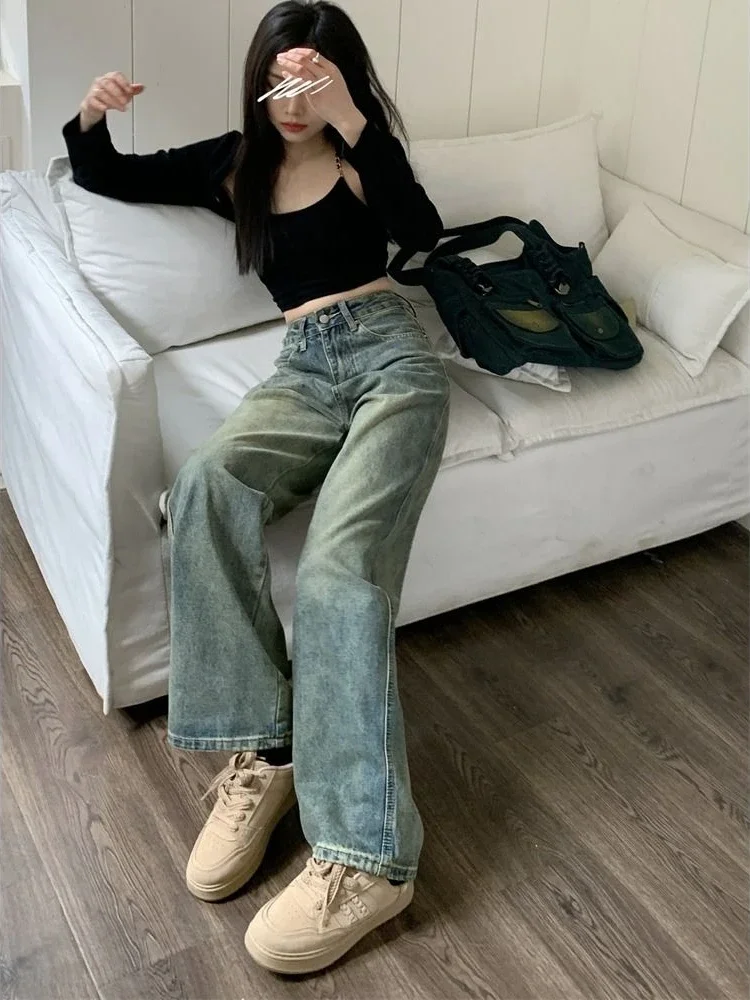 QWEEK Y2k 여성용 헐렁한 와이드 레그 청바지, 빈티지 스트리트웨어, 워싱 데님 바지, 그런지 베이직 슬루시 블루 바지, 팜므 용수철 신제품
