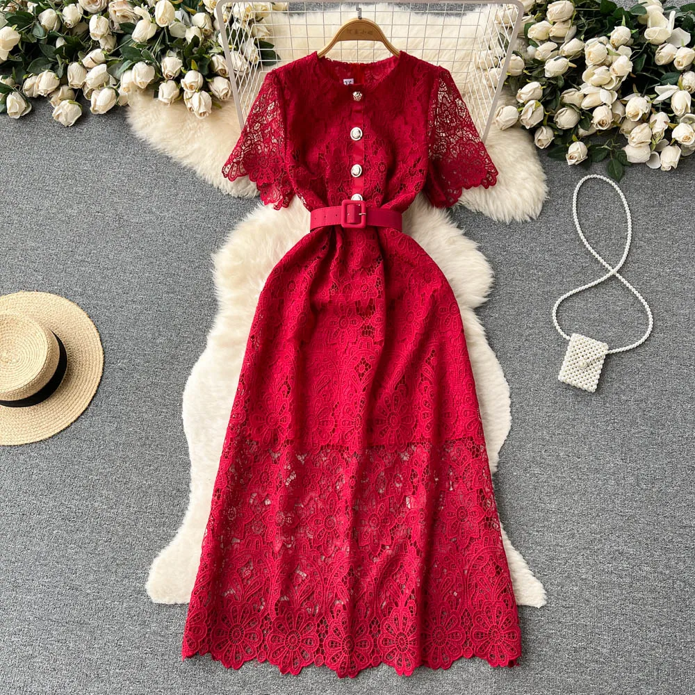 

Summer New Short sleeved V-neck Single breasted Waist Sexy Qipao Women's Mid length Style Celebrity Lace Dress