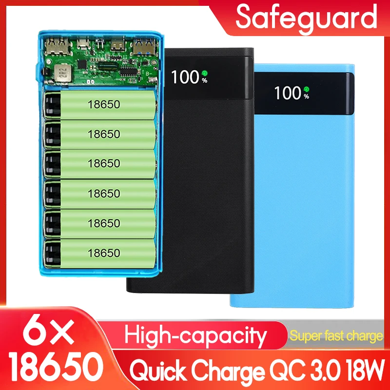 Power Bank Case 20000mAh Fast Charge 22.5w 6*18650 No Batteries DIY Charge Storage Holder