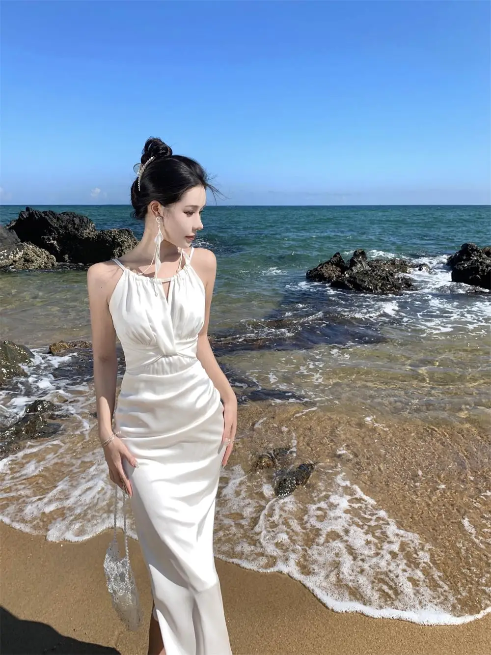 Elegant Bodycon Satin Dresses for Women Halter Sleeveless Slim Mermaid Evening Party Dress Prom Robe Summer New Vestidos Mujer