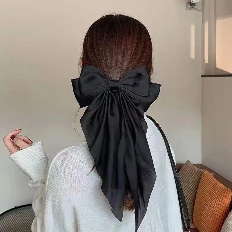 Women Large Bow Ribbon Hairpin Summer Chiffon Big Bowknot Stain Bow Barrettes Women Solid Color Ponytail Clip Hair Accessories