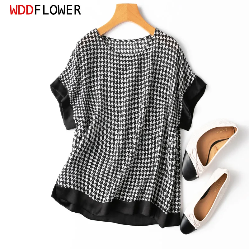 

Women 100% Natural Mulberry Silk Crepe Silk White Color Black Checked Printed short sleeves Top Shirt Blouse pullover MM409