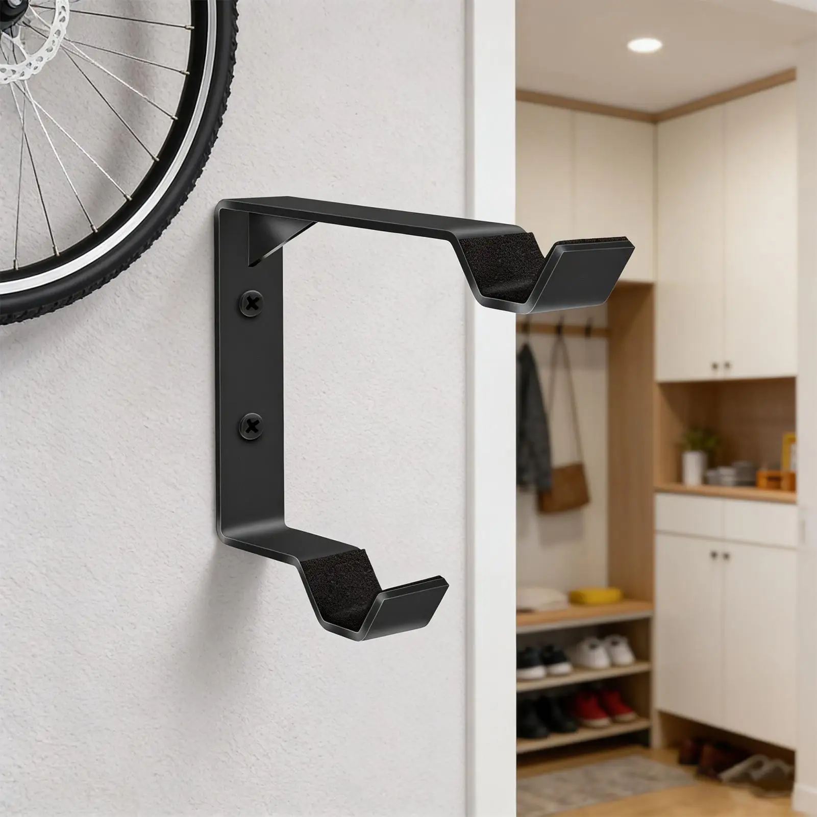1/2 Stück vertikaler Fahrradhaken mit Reifenablage, robuste Wandhalterung aus Stahl zur Organisation von Ersatzreifen für Zuhause, Garage, Keller – Detail 8