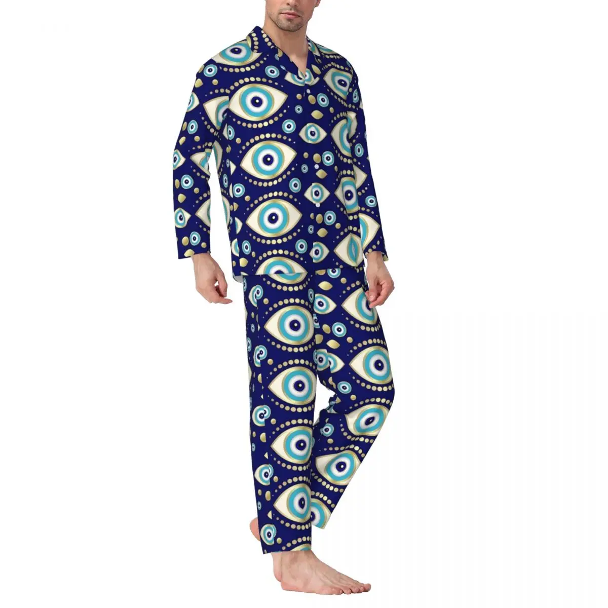 

Evil Eye Charm Pajama Sets Blue Eyes Print Comfortable Sleepwear Women Long Sleeve Retro Daily 2 Pieces Nightwear Large Size 2XL