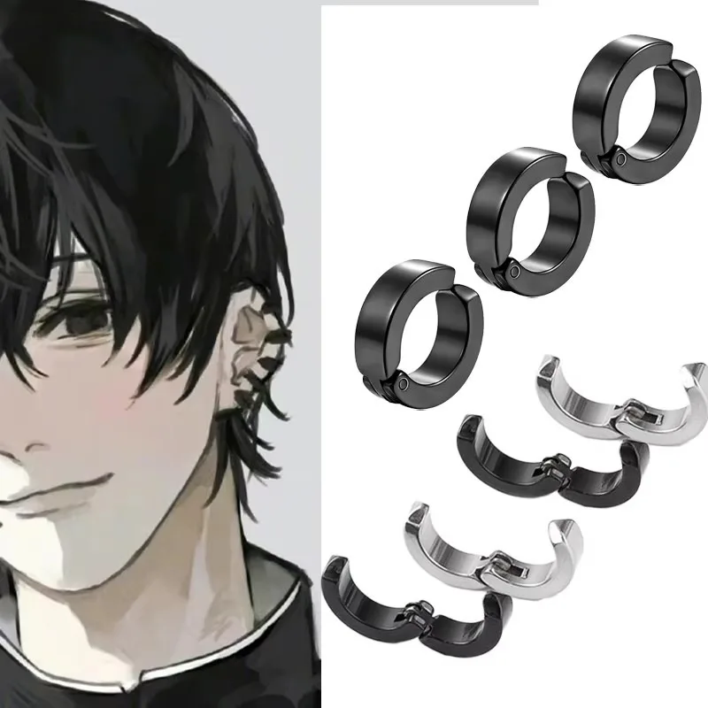 Anime Chainsaw Man Yoshida Hirofumi cosplay ear clip earrings 2pcs women men punk black no pierced fake ear circle pop jewelry