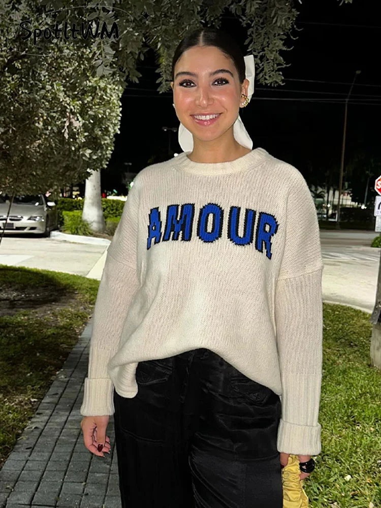 

Loose Solid Letter Print Knitted Sweater Women O Neck Long Sleeve Casual Female Pullover 2023 Winter Lady Street Simple Knitwear