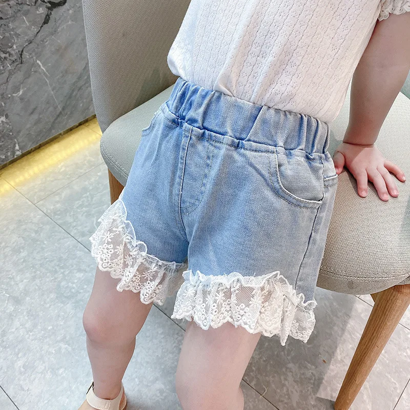 IENENS Girl Jeans Shorts Kids Denim Short Pants Baby Casual Lace Shorts Beach Bottoms Fit 4-13 Years Child Summer Clothes