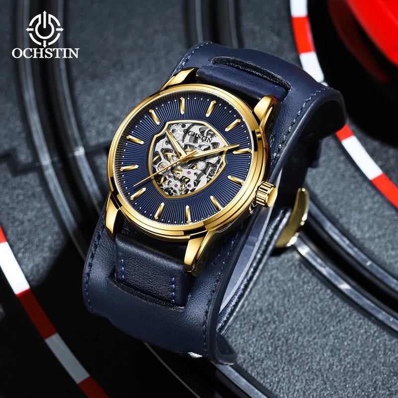 

OCHSTIN Commander Series Hollow Mechanical Mens Watch Leather Wrist Strap Gentleman Style Luminous Needle Mineral Glass Watch