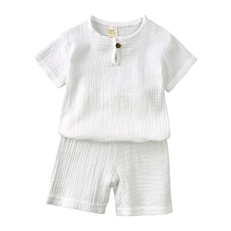 thumbnail image 1 of Summer Children's Clothing Set for 0-6Y Boys & Girls Cotton Linen Muslin Suit T-shirt Tops + Shorts 2pcs Baby Loungewear Outfit, 1 of 6