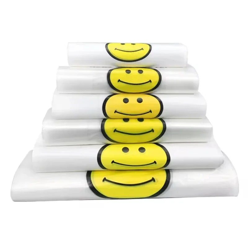 100/50 Pcs Plastic Food Storage Bags With Handle Transparent Shopping Fresh-keeping Carry Out Bags Smile Gift Kitchen Accessory