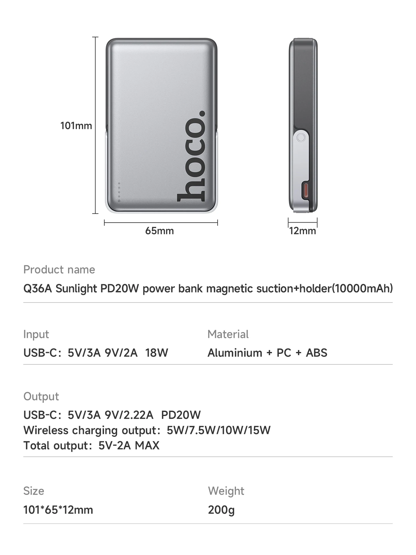 HOCO Q36A 10000mAh Magnetic Wireless Power Bank with Stand PD20W