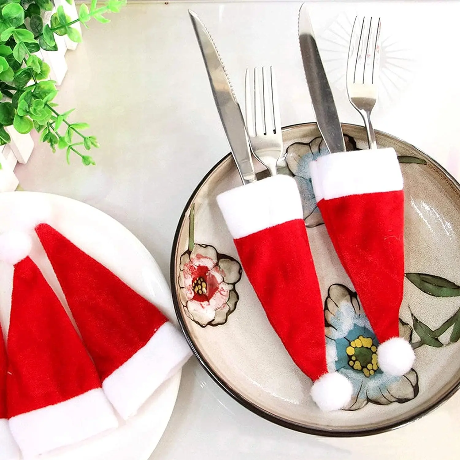 Christmas Cutlery Bag Mini Santa Hats Wine Bottle Caps Knives Forks Pocket Cover Silverware Holder Table Dinnerware Decorations