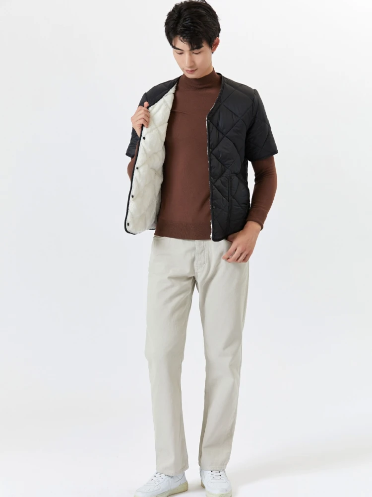 Winter Men's Cotton Jacket Short Sleeve Plush Warm Home Cotton Clothes Solid Color Loose Fitting Cardigan Comfortable Tank Top