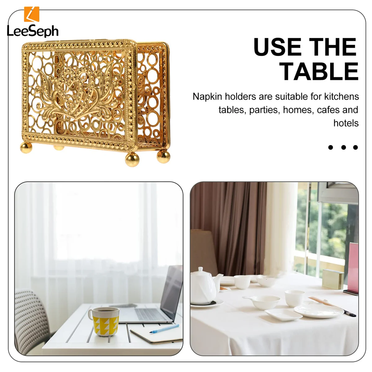 Napkin Holder, Delicate Retro Square Hollow Design, Desktop Decor Napkin Holder Tissue Rack for Tables Dinners Parties Offices 3