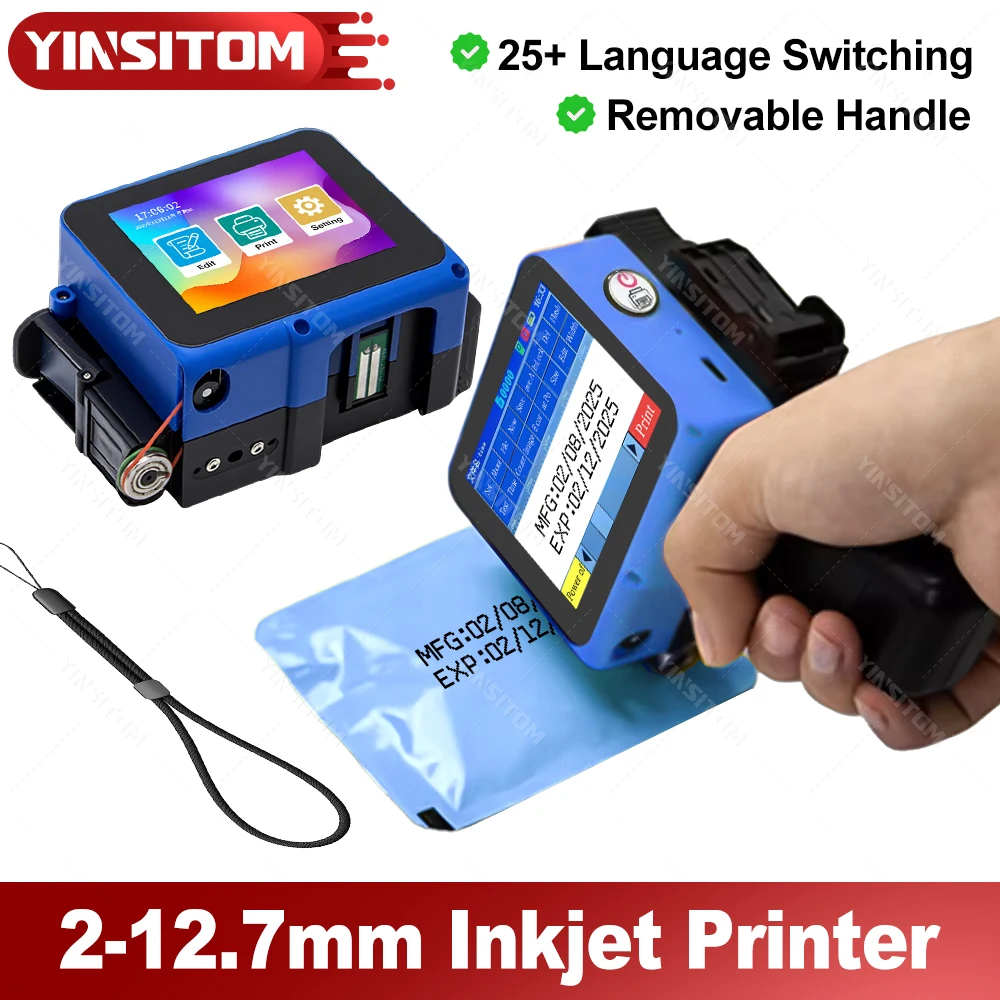 12.7mm Handheld Inkjet Printer Mini Portable Batch Code Date Number Logo Expiry Date Label Printer with 25 Languages ink Ribbon