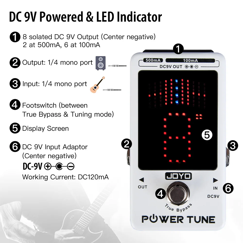 JF-18R POWER TUNE Tuner Pedal Power Supply & Guitar Tuner 2 in 1 Low Noise 8-Cha