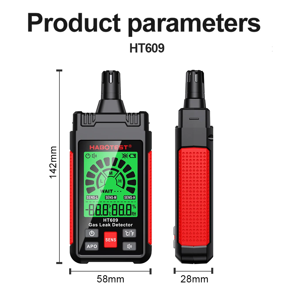 가연성 가스 누출 감지기, HT609, 가연성 가스 감지기, 가청 및 시각 경보, 삼색 백라이트, LCD 디스플레이