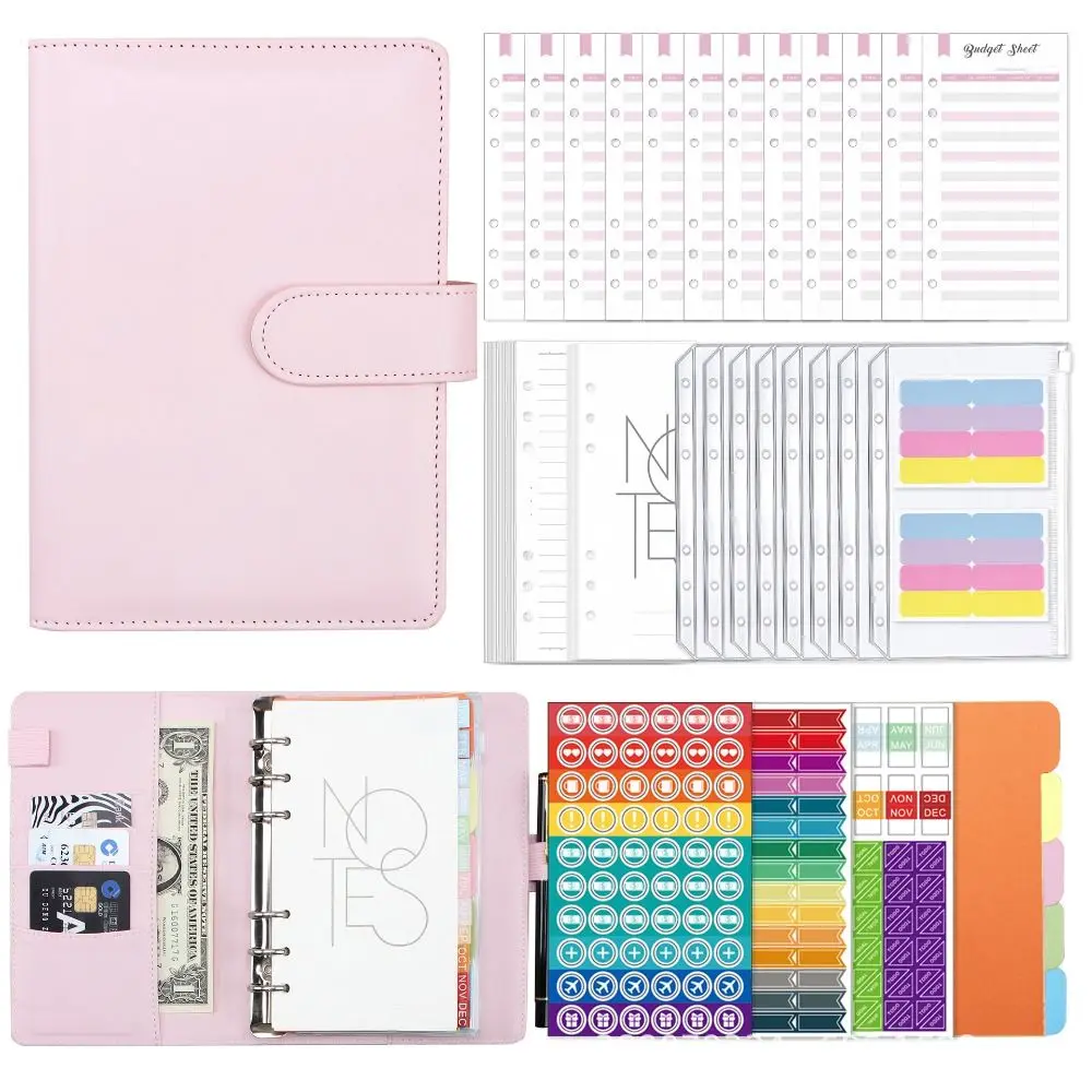 A6 PU Leather Binder Budget Envelope Planner Organizer System with Clear Zipper Pockets Expense Budget Sheets a6 binder budget planner notebook bronzing covers folder loose leaf pockets plastic binder zipper money saving envelope