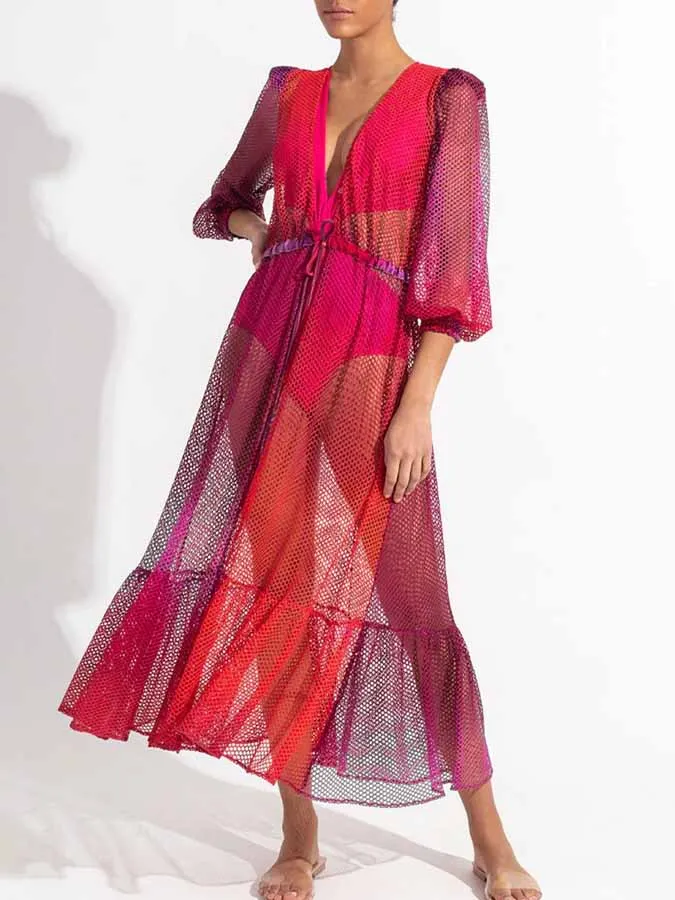 Solid Color Beach Outfits 2023 For Mujer Swimsuit Kaftans For Women Luxury Mesh Swimwear New Beachwear  V Neck Sexy Kimono