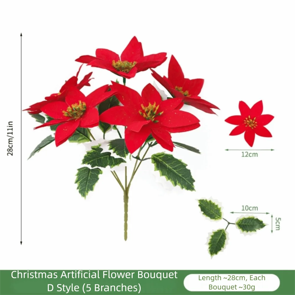 5 Heads Bunch Artificial Poinsettia Bouquet Artificial Flowers Realistic Fake Flower Pot Ornament Red Poinsettia