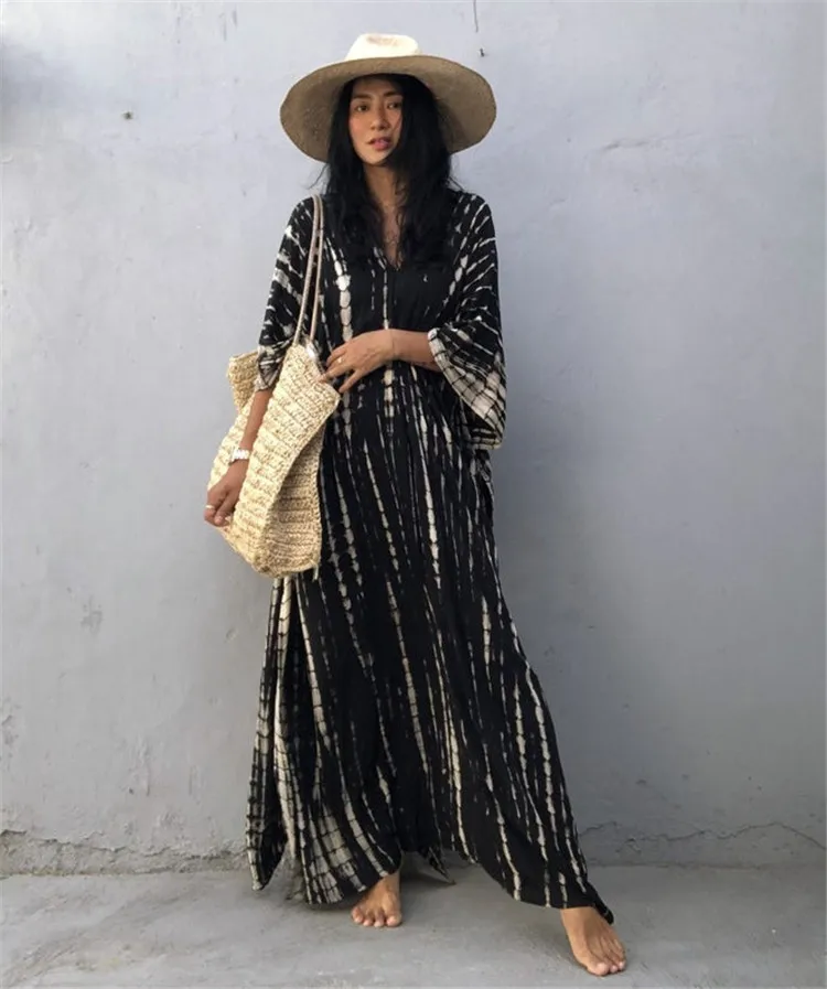 Fashion Casual Striped Print Long Dresses Women Bohemian V-neck Bat Sleeve Loose Slit Beach Dress Summer New Beachwear Vestidos 163 Fashion Casual Striped Print Long Dresses Women Bohemian V-neck Bat Sleeve Loose Slit Beach Dress Summer New Beachwear Vestidos