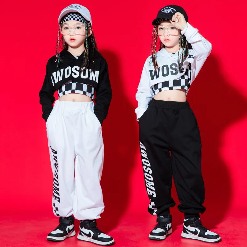 

2023 Kids Hip Hop Clothing Girls Hooded Crop Tops Sweatpants Jazz Performance Costume Modern Dance Suit Kpop Stage Outfit BL9276