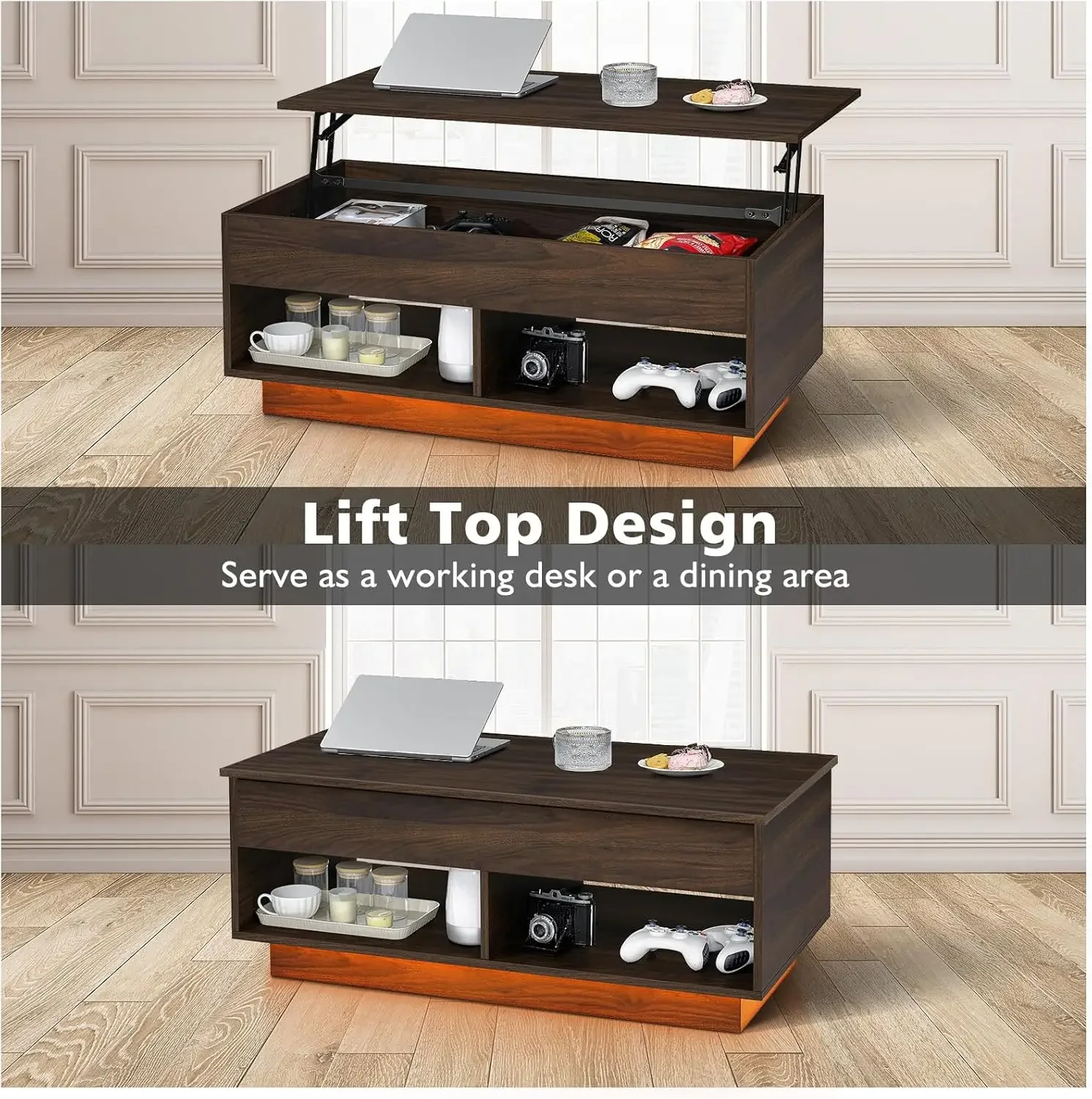 Modern Lift Top Coffee Table with Storage for Living Room LED Coffee Table Wodden Lift Tabletop Dining Table, Walnut 2