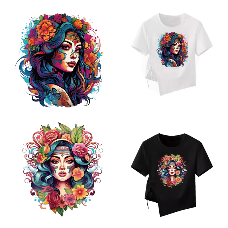 Schöne Blumen Chicano Mädchen Patches für Kleidung selbst klebende Wärme übertragung Vinyl DIY Patches für Mädchen Streifen Applikationen