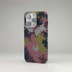 Camouflage Graffiti Relief Phone Case with MagSafe Wireless Charging and Alloy Lens Matte Finish - iPhone 15 Pro Max (Pink)