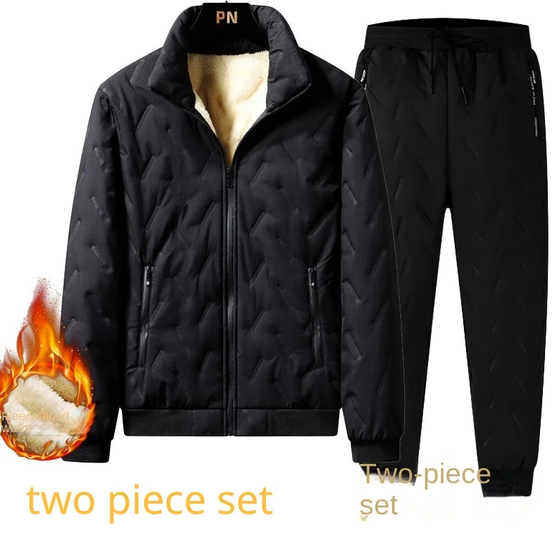 

Мужские кашемировые парки из ягненка, флисовые теплые толстые куртки на молнии и спортивные брюки, повседневные Костюмы, модные ветрозащитные толстые брюки с тиснением, 2 шт.