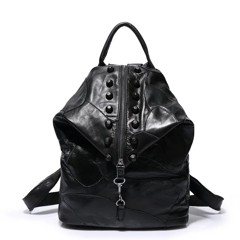 

New Genuine Leather Backpack For Womenn Rivets Patchwork Laptop Packbag Large Capacity Travel Bag Student's School Shoulder Bag