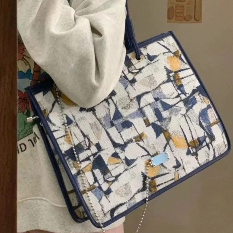 Retro Oil Painting Tote Bag Women Leather Large Capacity Niche Design Shoulder Bags Ladies Premium Fashion Creative Handbag 2025