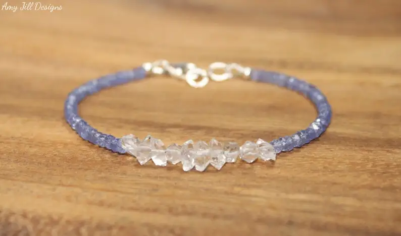 Tanzanite & Herkimer Bracciale Con Diamanti, Gioielli In Cristallo Di Quarzo, Bracciale In Tanzanite Con Perline, Gioielli Con Diamanti Herkimer
