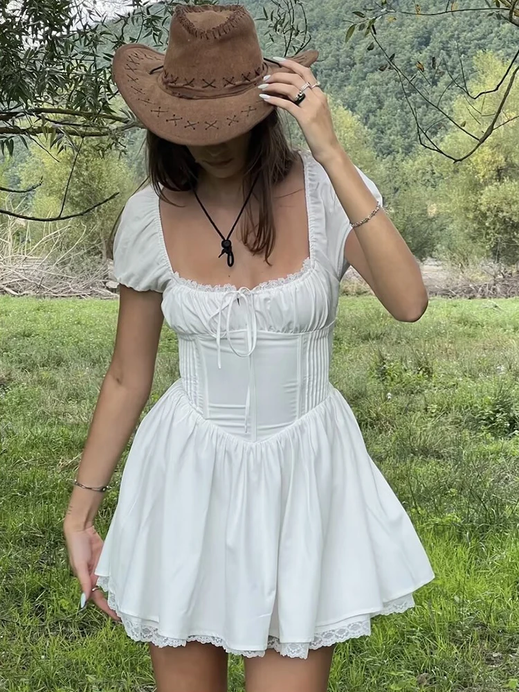 

Gypsylady French Elegant Chic Smocked Mini Dress White Cotton Lace Up Ruffles Women Ladies Casual Party Dresses Vestidos New